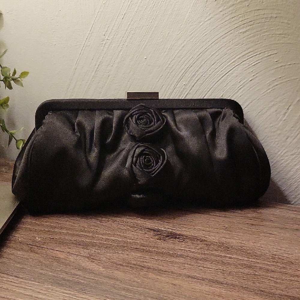 Black Satin Handbag Clutch with Chain